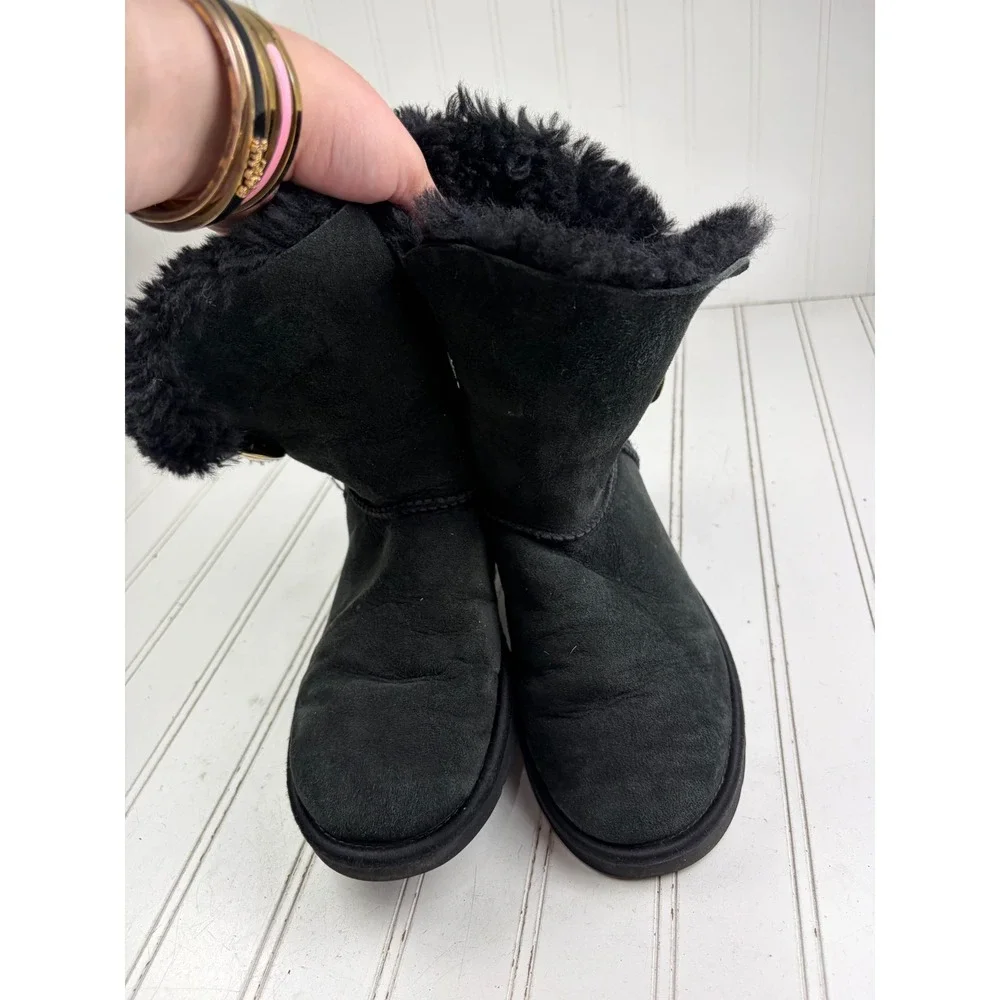 UGG Bailey Button Gold Bling Black Suede Sheepskin Boots Women's Size 6